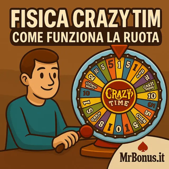 Illustrazione: un giocatore osserva la ruota di Crazy Time con i segmenti numerati e i bonus