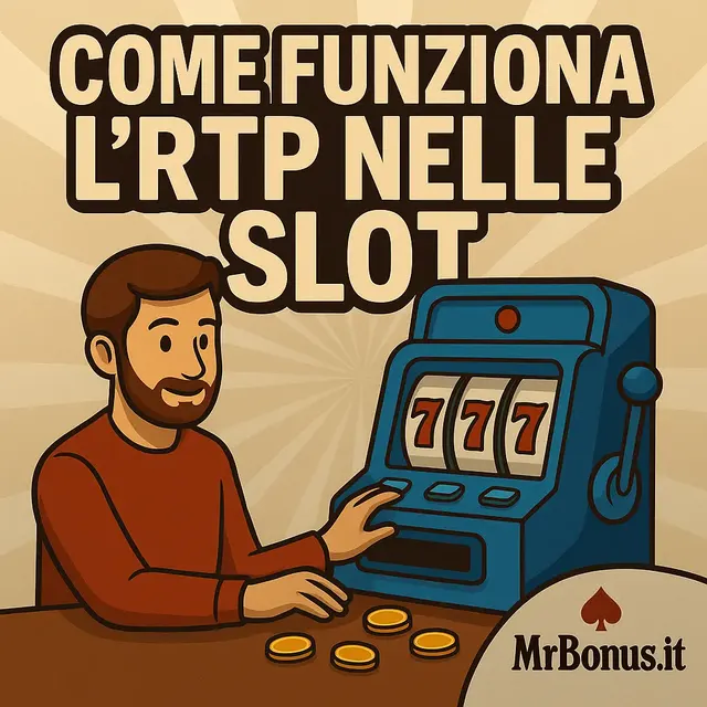 Illustrazione: un giocatore davanti a una slot machine con tre 7 e alcune monete