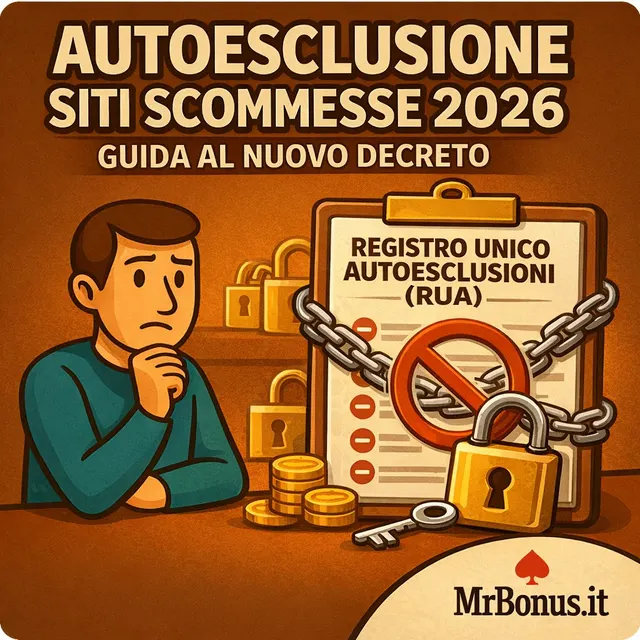 Illustrazione: un uomo pensieroso davanti al Registro unico delle autoesclusioni, chiuso con catena e lucchetto