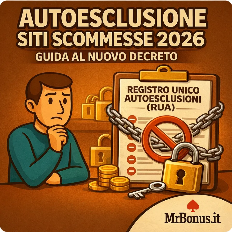 Illustrazione: un uomo pensieroso davanti al Registro unico delle autoesclusioni, chiuso con catena e lucchetto