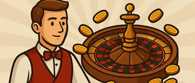 Illustrazione: un croupier accanto a una ruota della roulette circondata da monete