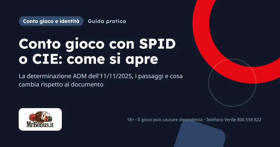 Copertina della guida MrBonus sull'apertura del conto gioco con SPID o CIE, con il titolo su sfondo blu notte e l'etichetta Conto gioco e identità