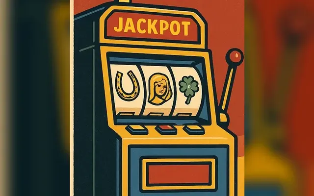 Illustrazione: una slot machine con l'insegna Jackpot e un ferro di cavallo, un volto femminile e un quadrifoglio sui rulli