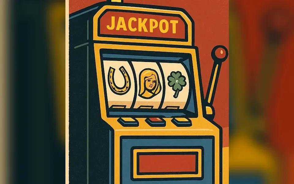 Illustrazione: una slot machine con l'insegna Jackpot e un ferro di cavallo, un volto femminile e un quadrifoglio sui rulli