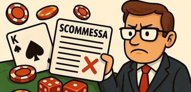 Illustrazione: uno scommettitore contrariato mostra una schedina segnata come perdente, con carte, fiches e dadi