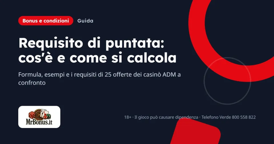 Copertina della guida MrBonus sul requisito di puntata, con il titolo su sfondo blu notte e l'etichetta Bonus e condizioni