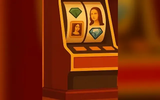 Illustrazione: una slot machine con diamanti e ritratti della Gioconda sui rulli