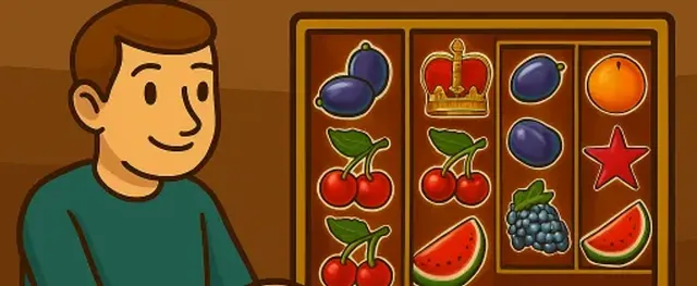 Illustrazione: un giocatore davanti ai rulli di una slot con frutta, stella e corona