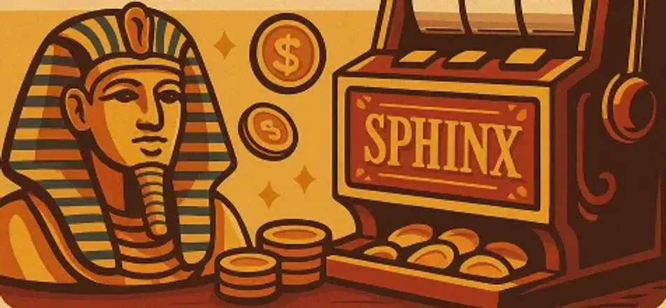Illustrazione: un faraone accanto a una slot machine con la scritta Sphinx e alcune monete