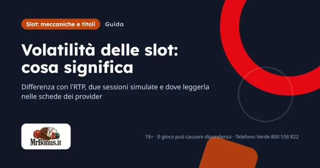 Copertina della guida MrBonus sulla volatilità delle slot, con il titolo su sfondo blu notte e l'etichetta Slot: meccaniche e titoli